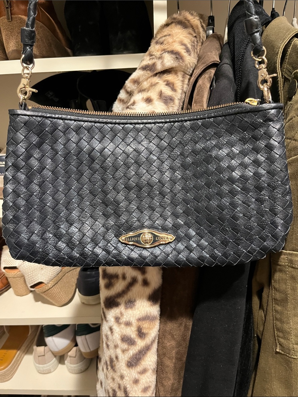 Elliott Lucca Black Woven Leather Shoulder Bag with Gold Hardware